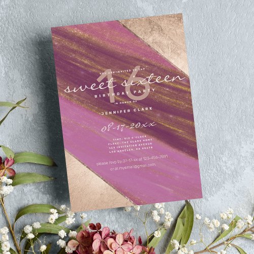 Watercolor pink gold glitter brushstrokes Sweet 16 Invitation