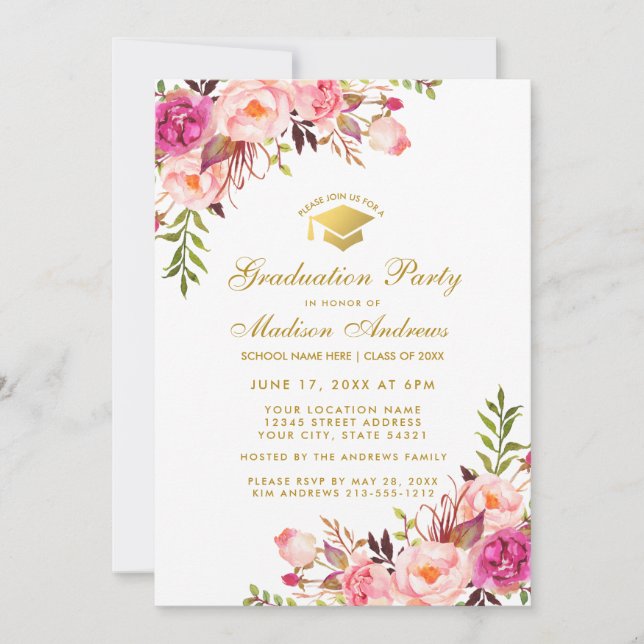 Watercolor Pink Gold Graduation Party Invite (Front)