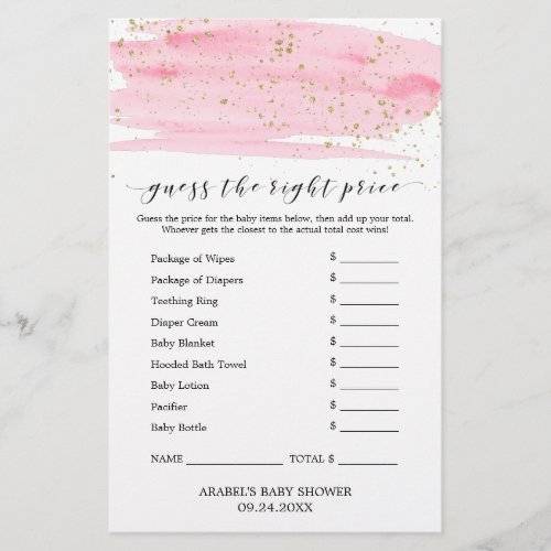 Watercolor Pink  Gold Guess The Right Price Game Flyer