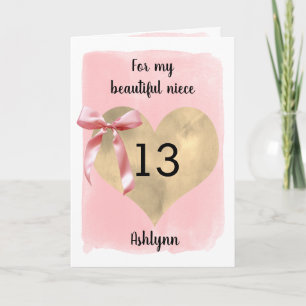 Watercolor Pink Gold Heart 13th Birthday Niece Card