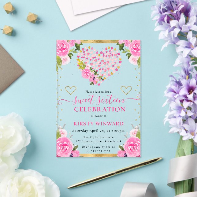 Watercolor Pink Gold Hearts Flowers Sweet 16 Acrylic Invitations (Insitu (Wedding))