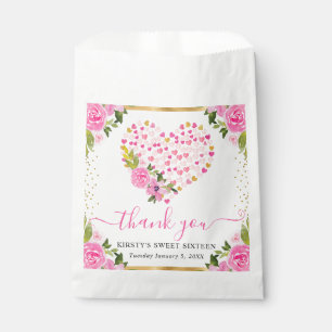 Watercolor Pink Gold Hearts Flowers Sweet Sixteen Favor Bag