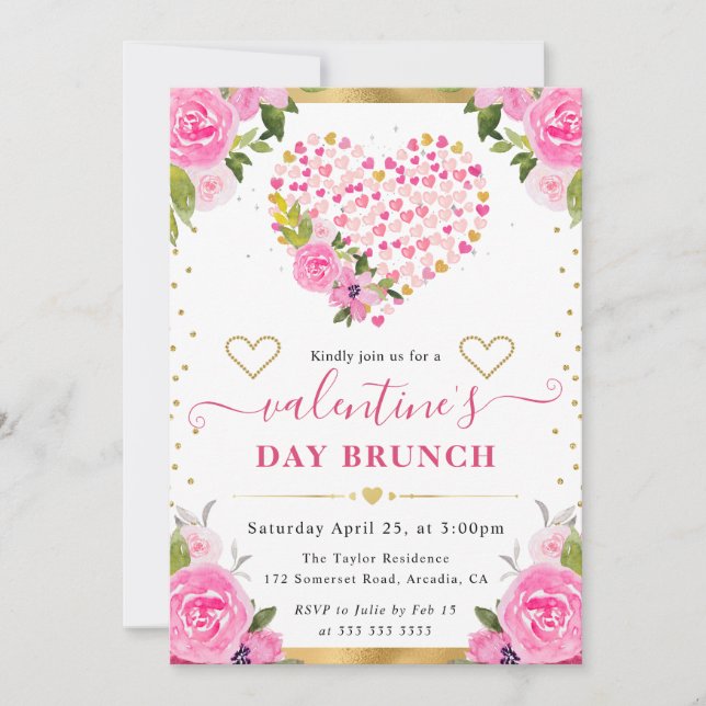 Watercolor Pink & Gold Hearts Flowers Valentine's Invitation (Front)