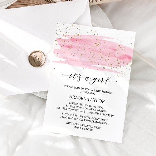 Watercolor Pink  Gold Its A Girl Baby Shower Invitation