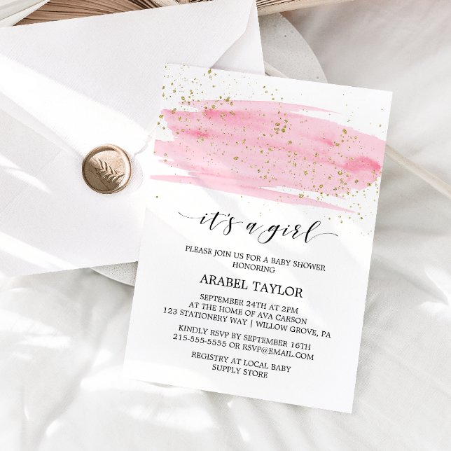 Watercolor Pink & Gold It's A Girl Baby Shower Invitation