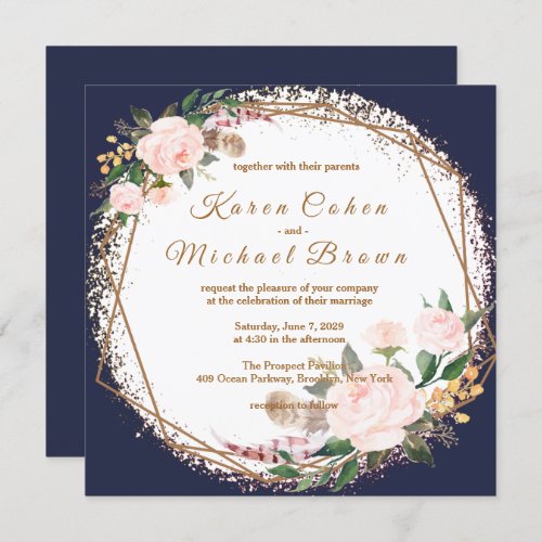 Watercolor Pink Gold Navy Boho Chic Floral Wedding Invitation