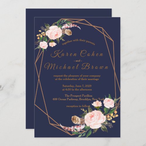 Watercolor Pink Gold Navy Boho Chic Floral Wedding Invitation