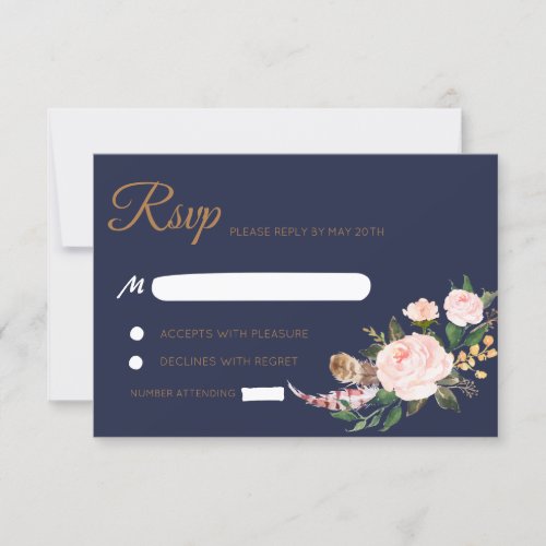 Watercolor Pink Gold Navy Boho Floral Wedding RSVP