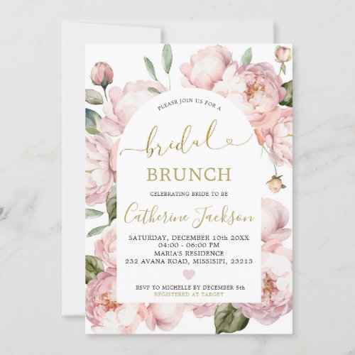 Watercolor Pink Gold Peony Floral Bridal Brunch Invitation