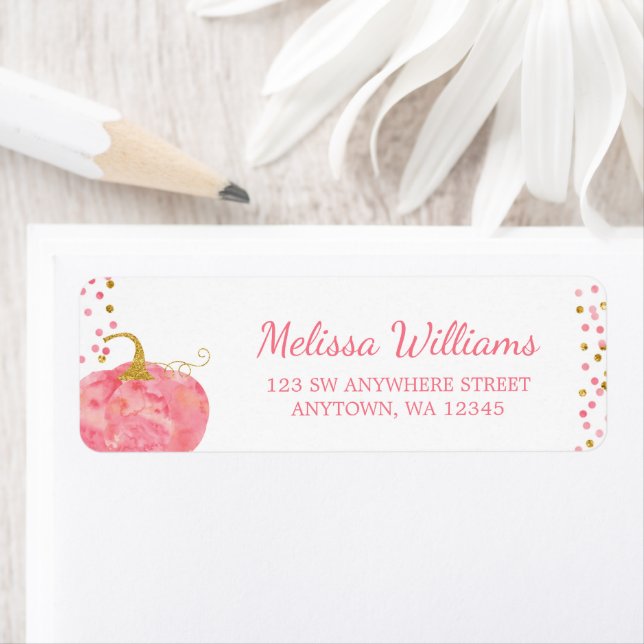 Watercolor Pink Gold Pumpkin Glitter Fall Label (Insitu)