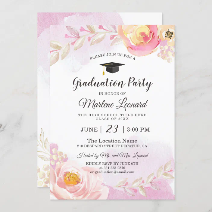 Watercolor Pink Gold Rose Garden Graduation Party Invitation Zazzle Com