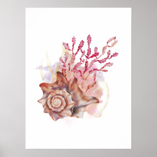 Watercolor Pink & Gold Seashell Modern Wall Art