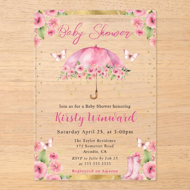 Watercolor Pink Gold Spring Umbrella Baby Shower Acrylic Invitations (Front)