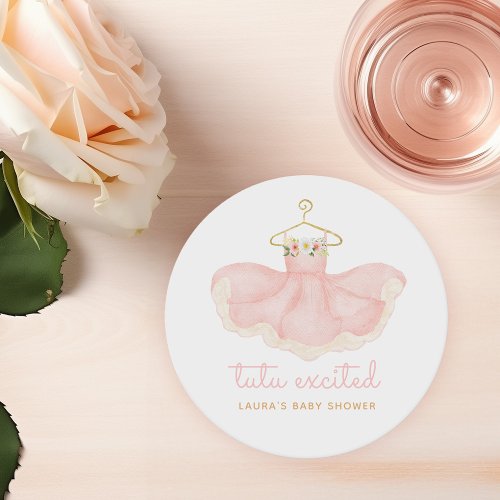 Watercolor Pink  Gold Tutu Excited Baby Shower Round Paper Coaster