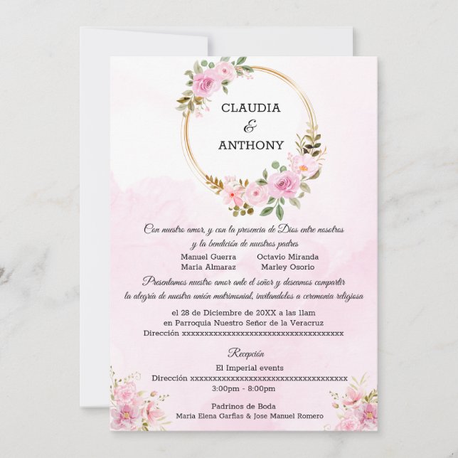 Watercolor Pink Gold Wedding  Invitation (Front)