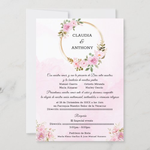 Watercolor Pink Gold Wedding  Invitation