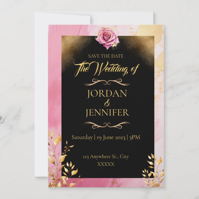 Watercolor Pink & Gold Wedding Save the Date Invitation (Front)