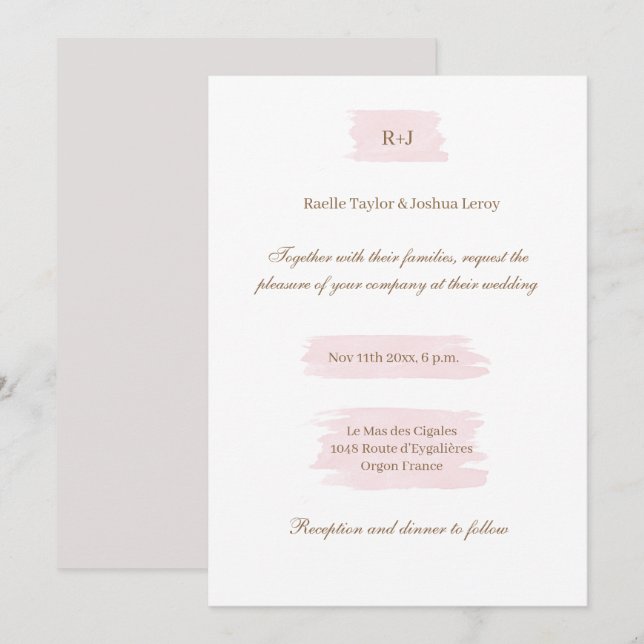 Watercolor Pink Gold White Gray Elegant Wedding Invitation (Front/Back)
