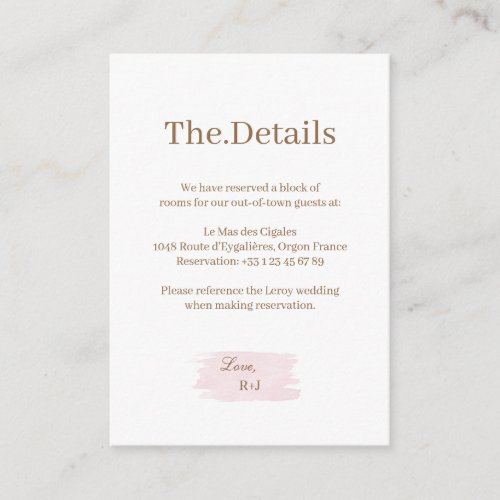 Watercolor Pink Gold White Wedding Hotel Detail Enclosure Card