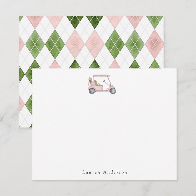Watercolor Pink golf cart Golfer  Note Card (Front/Back)
