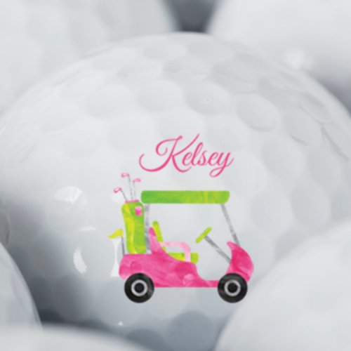 Watercolor Pink Golf Cart Personalized Golf Balls