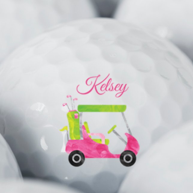 Watercolor Pink Golf Cart Personalized Golf Balls (Creator Uploaded)