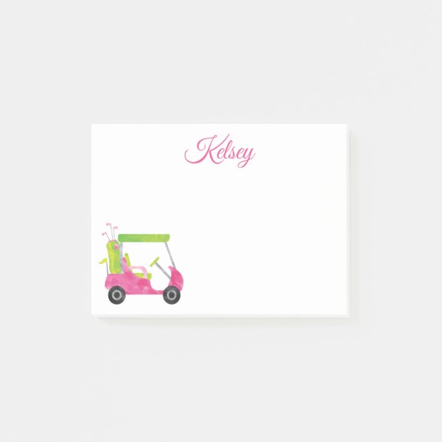 Watercolor Pink Golf Cart Personalized Post-it Notes (Front)
