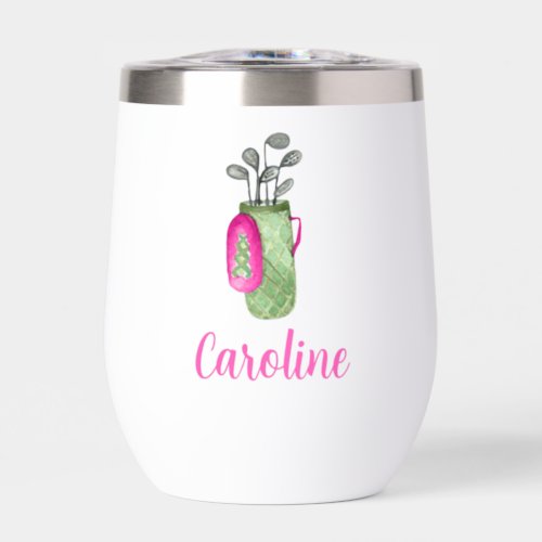 Watercolor Pink Golf Clubs and Bag Personalized Thermal Wine Tumbler