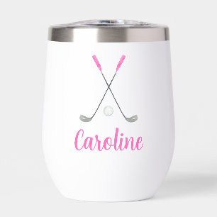 Watercolor Pink Golf Clubs Personalized Thermal Wine Tumbler
