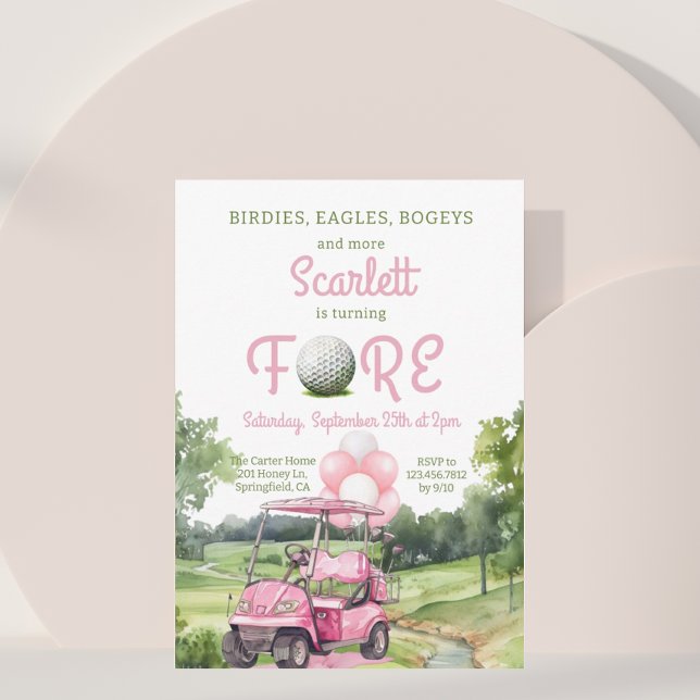 Watercolor Pink Golf Fore 4th Birthday Invitation (Creator Uploaded)
