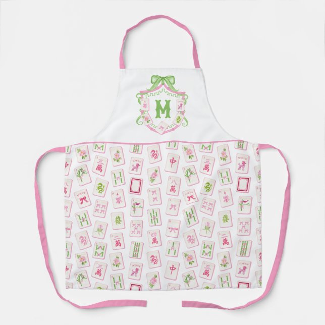 Watercolor Pink & Green Bow Mahjong Monogram Crest Apron (Front)