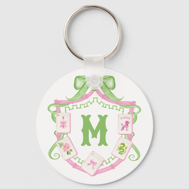 Watercolor Pink & Green Bow Mahjong Monogram Crest Keychain (Front)
