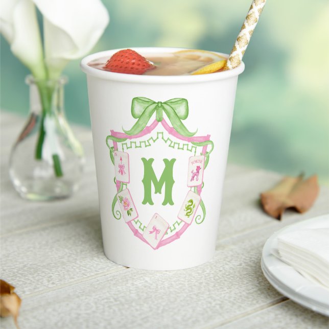 Watercolor Pink & Green Bow Mahjong Monogram Crest Paper Cups (Insitu)