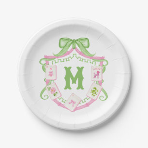 Watercolor Pink & Green Bow Mahjong Monogram Crest Paper Plates