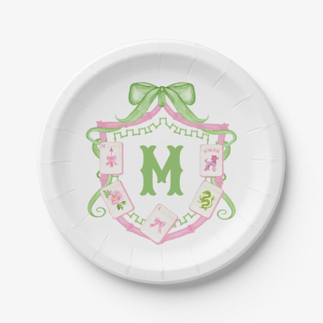 Watercolor Pink & Green Bow Mahjong Monogram Crest Paper Plates (Front)