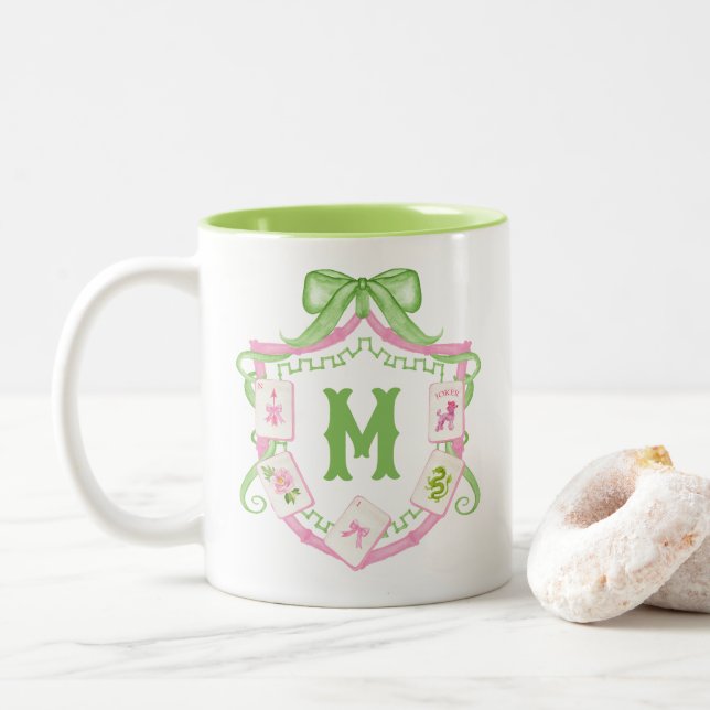 Watercolor Pink & Green Bow Mahjong Monogram Crest Two-Tone Coffee Mug (With Donut)