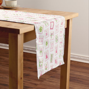 Watercolor Pink & Green Bow Mahjong Short Table Runner