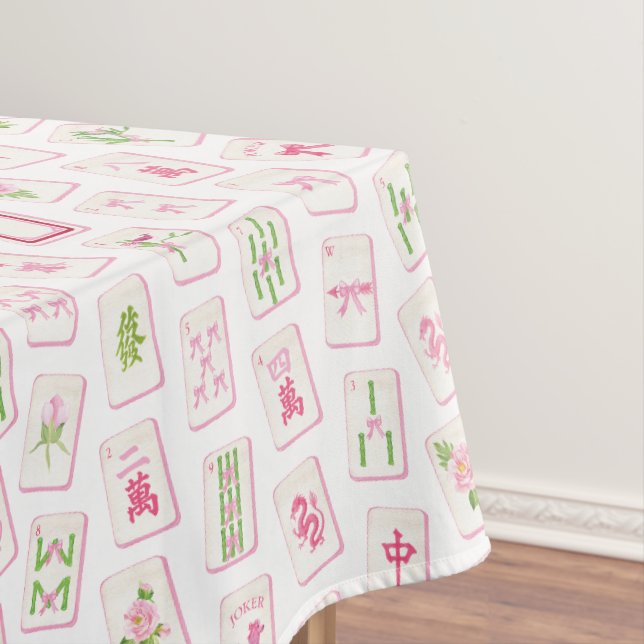 Watercolor Pink & Green Bow Mahjong Tablecloth (In Situ)