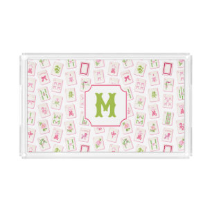 Watercolor Pink & Green Bow Mahjong Tiles Monogram Acrylic Tray