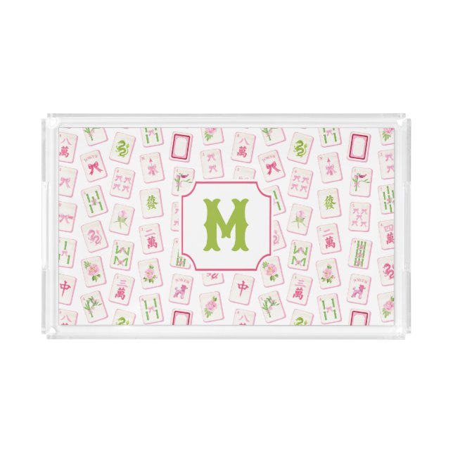 Watercolor Pink & Green Bow Mahjong Tiles Monogram Acrylic Tray (Front)