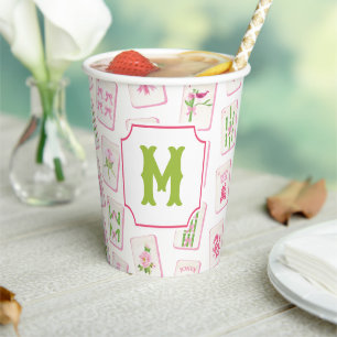 Watercolor Pink & Green Bow Mahjong Tiles Monogram Paper Cups