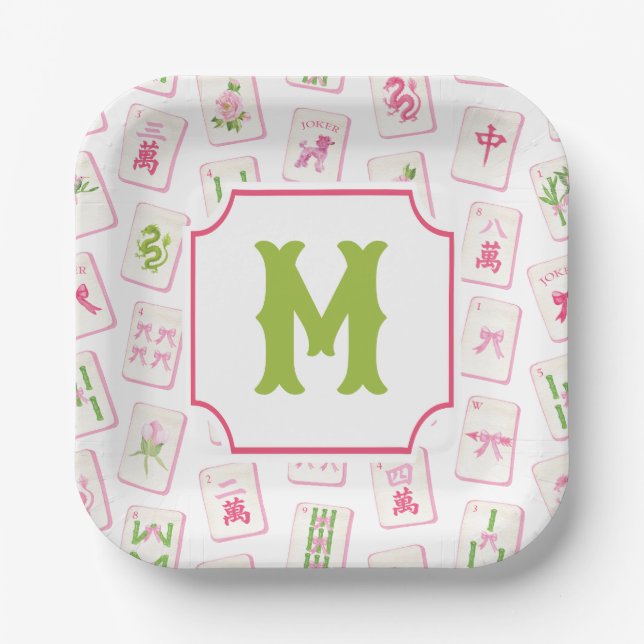 Watercolor Pink & Green Bow Mahjong Tiles Monogram Paper Plates (Front)