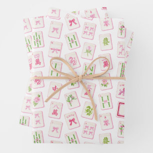 Watercolor Pink & Green Bow Mahjong Wrapping Paper Sheets