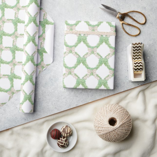 Watercolor Pink & Green Bows Garland Christmas Wrapping Paper (Crafts)