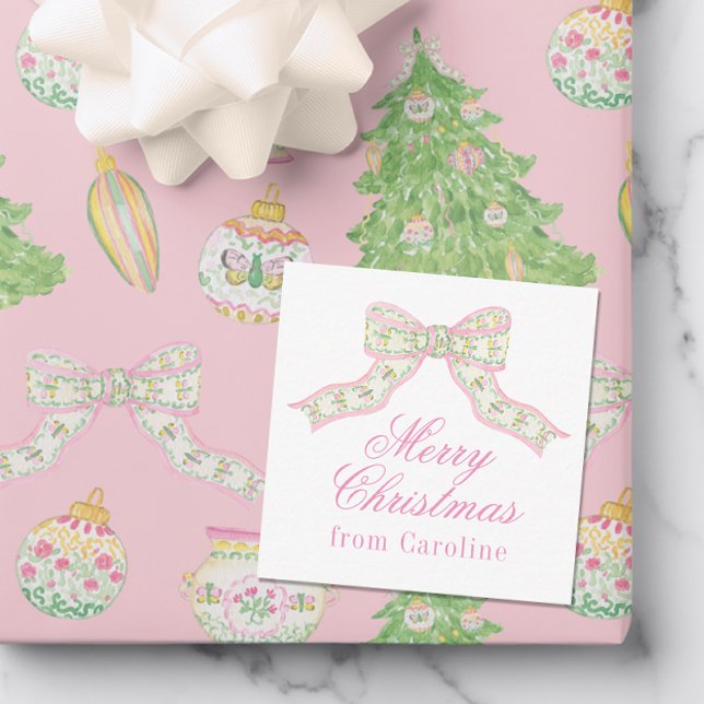 Watercolor Pink & Green Butterfly Bow Christmas Note Card (Creator Uploaded)