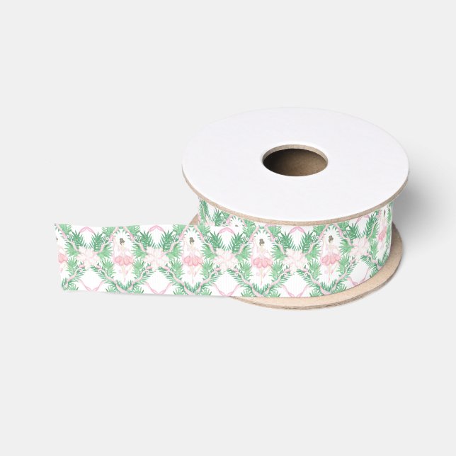 Watercolor Pink & Green Christmas Ballerinas Grosgrain Ribbon (Spool)