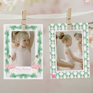 Watercolor Pink & Green Christmas Ballerinas Photo Holiday Card