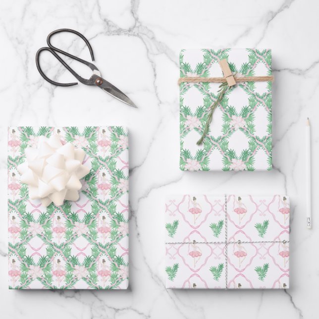 Watercolor Pink & Green Christmas Ballerinas Wrapping Paper Sheets (Front)