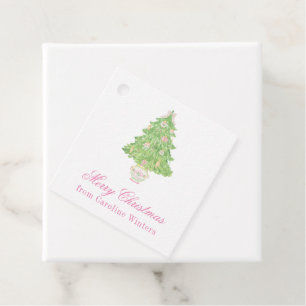 Watercolor Pink & Green Christmas Bow Tree Favor Tags