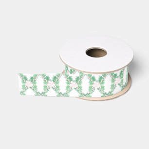 Watercolor Pink & Green Christmas Garland Grosgrain Ribbon
